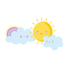 cartoon rainbow clouds and sun isolated icon design