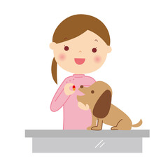 犬に薬を飲ませる女性獣医さんのイラスト