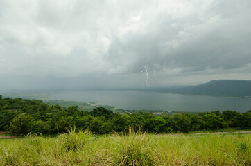 Top view of lake mountains under rainy sky far away