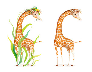 Giraffe in nature realistic 3d cartoon illustration for zoo, safari or kids picture book. Cute graceful giraffe with leaves and flowers, beautiful realistic African animal Vector illustration.