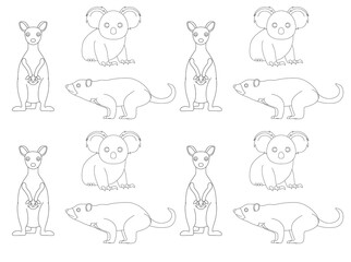 Obraz premium Australian Animals Kangaroo Koala Tasmanian Devil Cartoon Black and White Background Wallpaper Set 2-01
