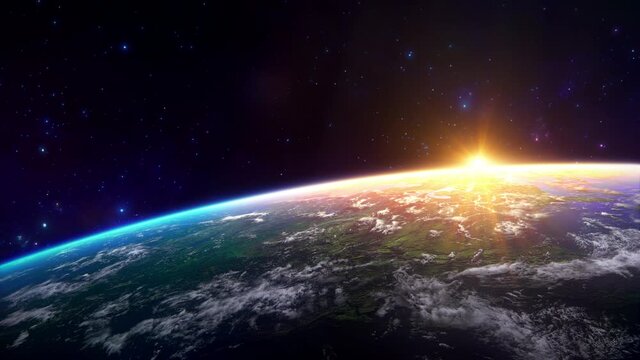 Beautiful cosmic starry sky and sunrise scene on the earth, zoom, some of the material is from NASA