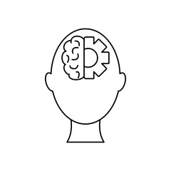 mental health concept, head with brain and gear wheel icon, line style