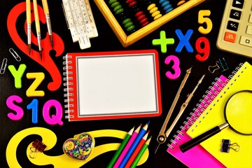 School stationery frame, student Desk, back to school. Opportunity to learn new knowledge and education. Notebooks, pencils and pens for writing and drawing, abacus for mathematics.
