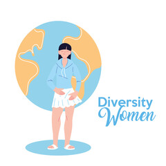 asian woman cartoon in front of world of cultural diversity vector design