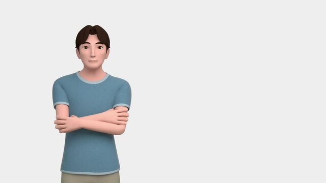 A 3D model of man on the left with black hair and eyes places his chin on fingers and thinks something showing various expression and gestures for insert or script related to household, living, etc.