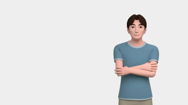 A 3D model of man on the right with black hair and eyes places his chin on fingers and thinks something showing various expression and gestures for insert or script related to household, living, etc.