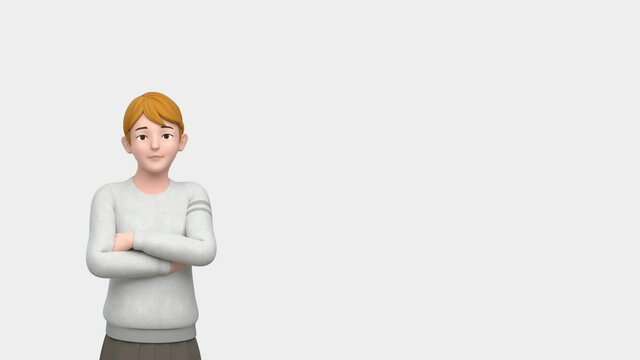A 3D model of a woman on the left with blonde hair and black eyes folded her arms and thinks something showing various expression and gestures for insert or script related to household, living, etc.