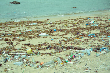 The floating garbage littered beach