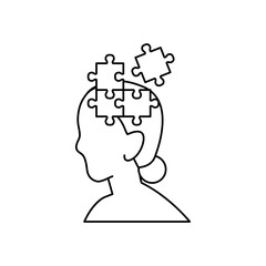 mental health concept, woman head with jigsaw pieces icon, line style