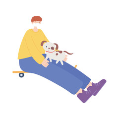 boy with medical mask sitting on skate with dog cartoon isolated icon