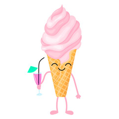 Ice Cream drinks a cocktail. Summer cartoon vector illustration isolated on white background.