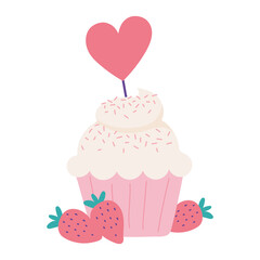happy birthday sweet cupcake fruits and heart celebration isolated icon