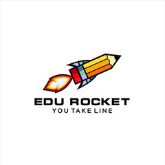 pencil rocket launch with fire flame. logo vector for kids, children, education, school startup, illustration