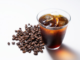 Cold coffee and coffee beans in a glass on a white background