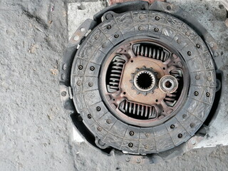 old car engine parts in garage.