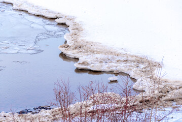 Natural background with the icy edge of the shore and open water in the river