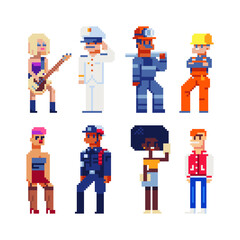 People pixel art characters set. Different professions, Guitarist, African American Woman and Firefighter. Isolated vector illustration. Design for web and mobile app. 