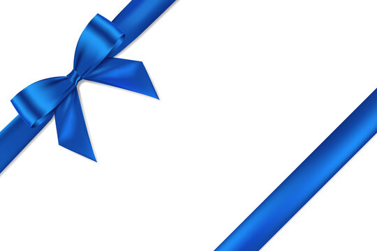 Blue bow realistic shiny satin and ribbon place on corner of paper with shadow vector EPS10 isolated on white background