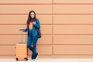Travel Woman with Luggage Suitcase Checking Smartphone
