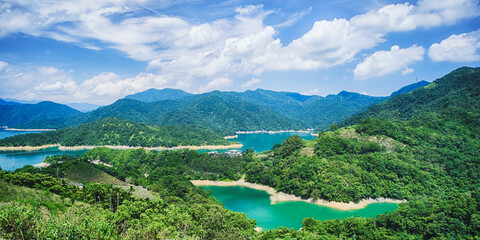 Thousand Island Lake from Bagua Tea Garden at Feitsui Dam in Shiding District, New Taipei, Taiwan.