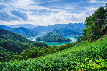 Fototapeta premium Thousand Island Lake from Walking Catfish Head Observation Deck at Feitsui Dam in Shiding District, New Taipei, Taiwan.