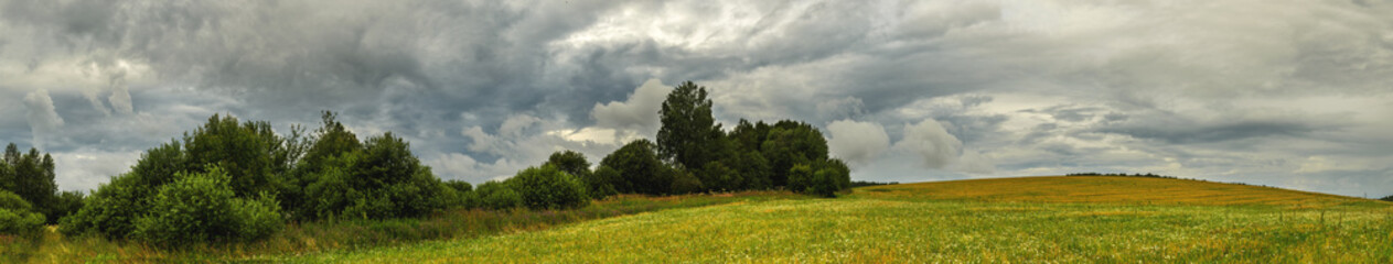 Extra wide panorama of green hills and trees on the edge of field.Cloudy spring or summer panoramic rural landscape.