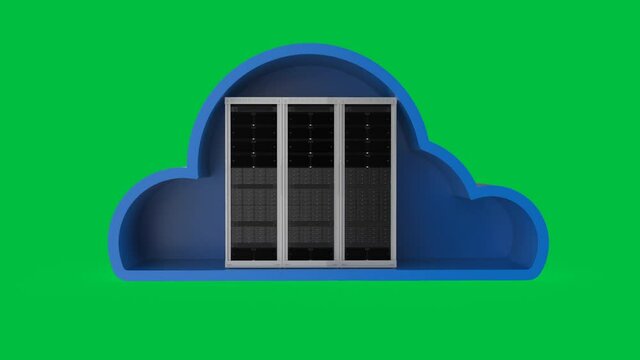 Cloud computing technology with 3d rendering server in cloud on green screen background 4k footage