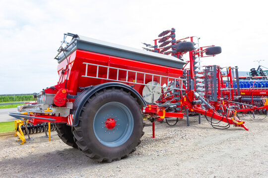 Kyiv, Ukraine - June 16, 2020: Tractor and Unia cultivator on the field for minimum-tillage technology at Kyiv, Ukraine