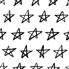 Geometric star vector seamless pattern. Hand drawn doodle stars. Modern black and white background. Scandinavian motif ornament. Pattern for kids clothings, nursery, textile or fabric print.