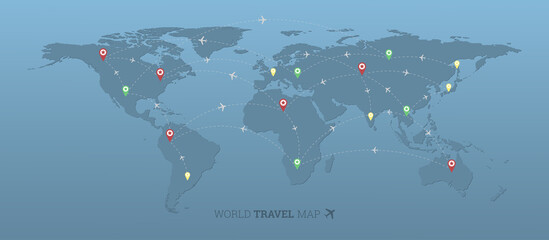 World travel map with airplanes flight routes and pin marker on capitals isolated vector Elements of this image furnished by NASA.