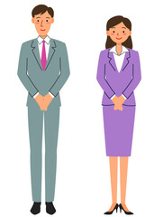 出迎えるスーツ姿の男性社員と女性社員