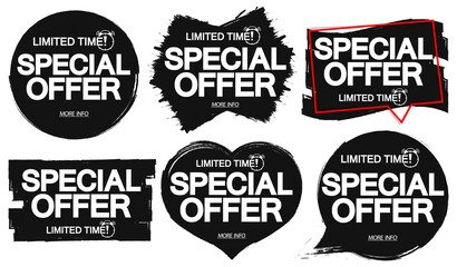 Set Special Offer tags, sale banners design template, grunge brush, limited time deal, vector illustration