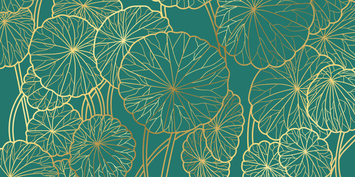 Luxury wallpaper design with Golden lotus and natural background. Lotus line arts design for fabric, prints and background texture, Vector illustration.