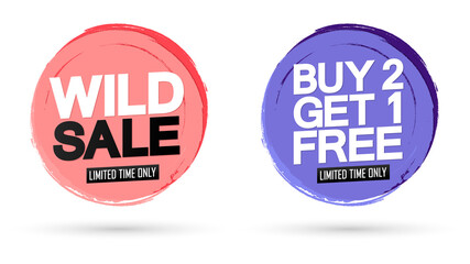 Set sale banners design template, wild discount tags, buy 2 get 1 free, grunge brush, vector illustration