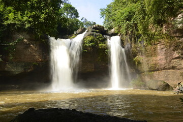 Fototapeta na wymiar Haew Suwat Waterfall on raining day at Khaoyai National Park Korat, Thailand