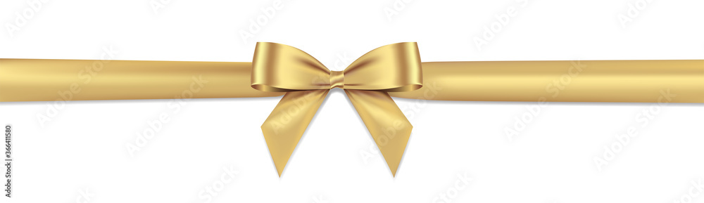 Poster golden bow realistic shiny satin and ribbon horizontal line with shadow vector eps10 isolated on whi