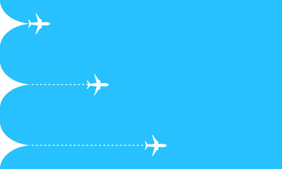 Airplane flight path icon. White plane symbol. Vector on isolated blue background. EPS 10.