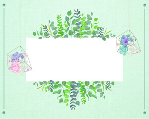 Frame with botanical decoration and photographed green background