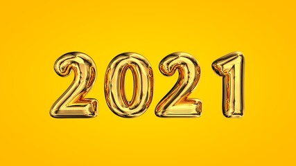 Realistic inscription numbers 2021 gold foil balloon isolated on yellow background. Concept design for christmas and new year. 3d rendering illustration