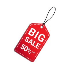 Big sale 50 percent off red tag with shadow on white background.