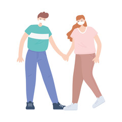 people with medical face mask, couple holding hands
