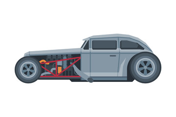 Retro Style Race Car, Old Sports Gray Vehicle Vector Illustration on White Background