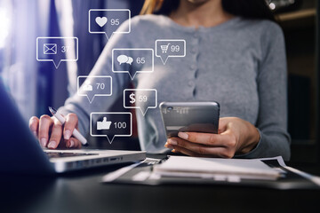 Social media and Marketing virtual icons screen concept.close up of businesswoman typing keyboard with laptop computer .