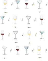 Cute seamless vector pattern. Cocktail and wine glasses on a transparent white background with olives between.
