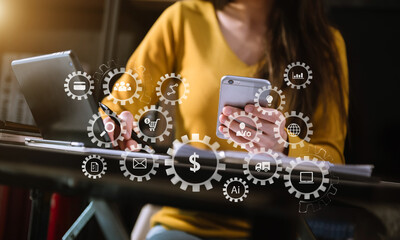 .business woman hand working with laptop computer, tablet and smart phone in office with digital marketing media  in virtual icon