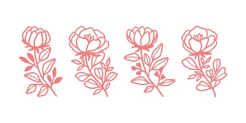 Vector feminine logo design templates in trendy linear minimal style. Botanical flowers and leaf branches. Symbols and icons for cosmetics, jewellery, beauty and handmade products