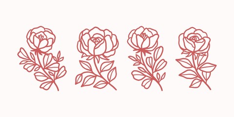 Vector feminine logo design templates in trendy linear minimal style. Rose flowers and botanical leaf branch. Symbols and icons for cosmetics, jewellery, beauty and handmade products