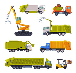 Special Vehicles Set, Garbage Truck, Bulldozer, Waste Collection, Transportation and Recycling Concept Flat Style Vector Illustration