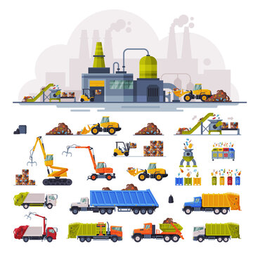 Waste Processing Plant, Industrial Garbage Recycling, Collection of Heavy Machinery Vehicles for Garbage Transportation, Separation and Recycling Flat Vector Illustration